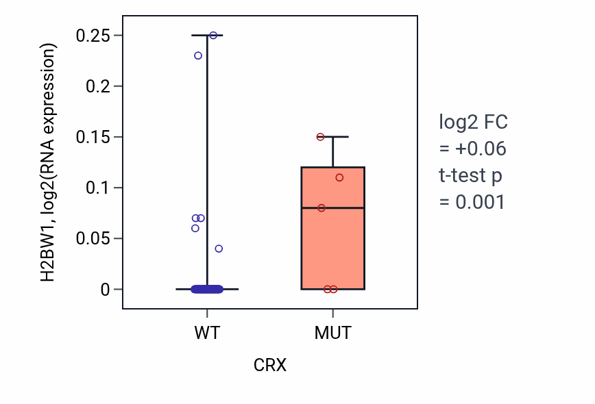 Box plot of H2BW1 in CRX-low vs CRX-high samples in BLOOD_Leukemia.