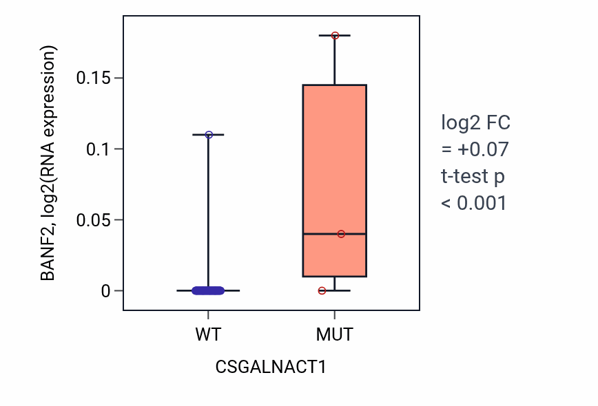 Box plot of BANF2 in CSGALNACT1-low vs CSGALNACT1-high samples in BLOOD_Lymphoma.