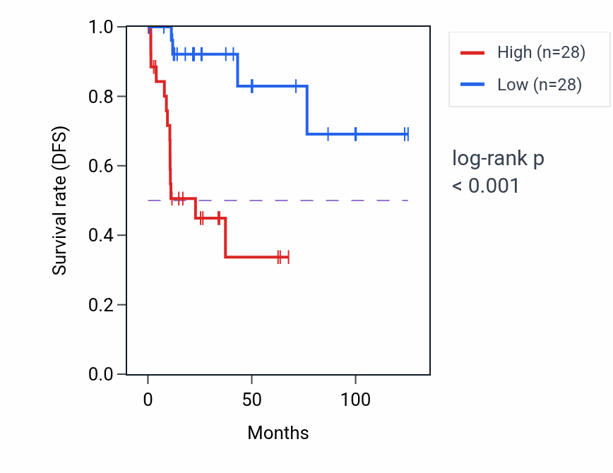 Kaplan&ndash;Meier survival curve for CSGALNACT1 RNA expression in KIRP: high vs low expression groups.