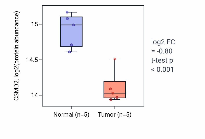 Tumor-vs-normal mass-spec protein box plot for CSMD2 in LSCC.