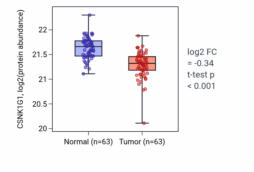 Tumor-vs-normal mass-spec protein box plot for CSNK1G1 in CCRCC.