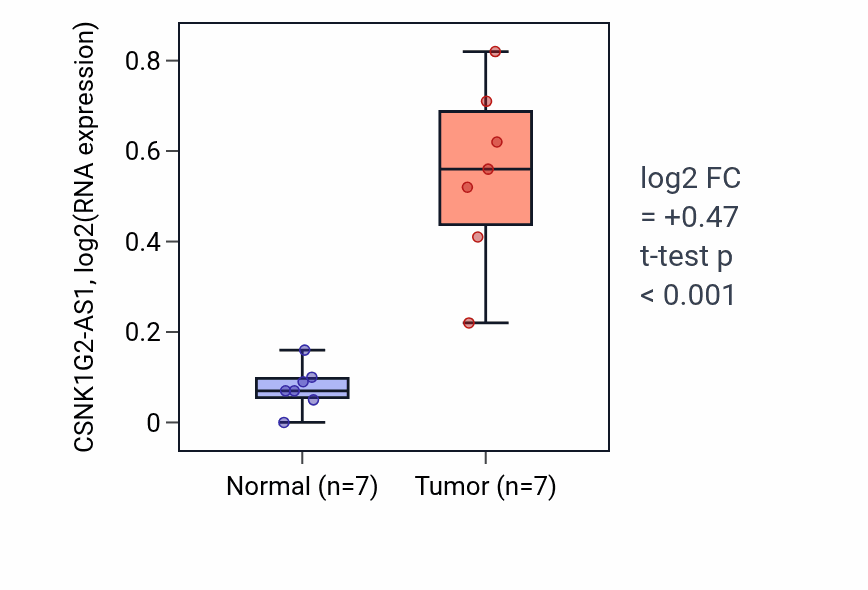Tumor-vs-normal expression box plot for CSNK1G2-AS1 RNA in COAD.