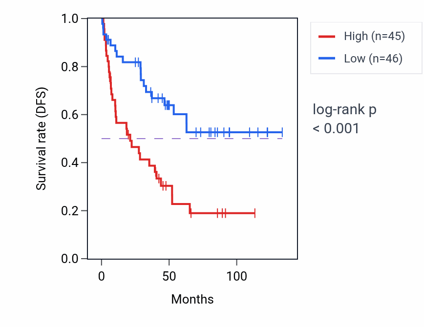Kaplan&ndash;Meier survival curve for CSPG4P11 RNA expression in KIRC: high vs low expression groups.