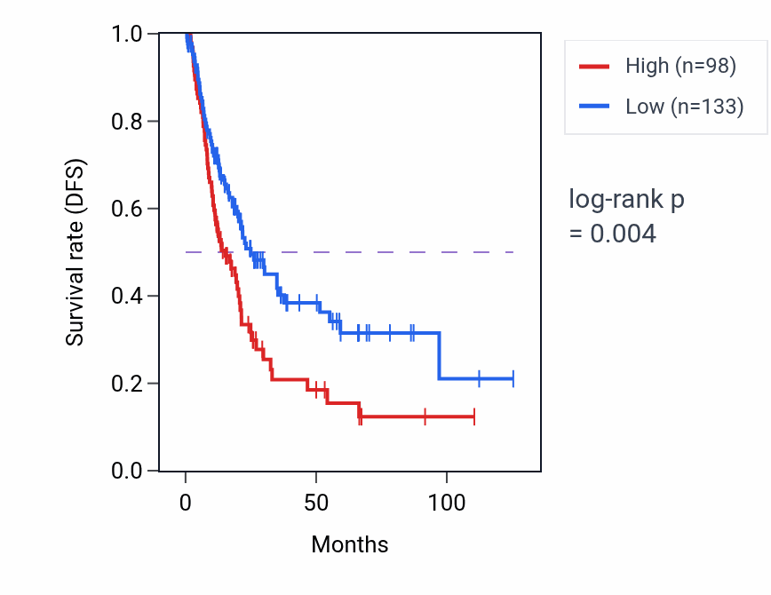 Kaplan&ndash;Meier survival curve for CSPG4P13 RNA expression in BLCA: high vs low expression groups.