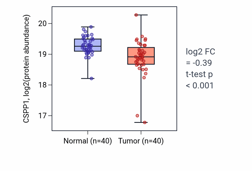 Tumor-vs-normal mass-spec protein box plot for CSPP1 in LSCC.