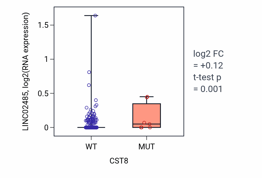Box plot of LINC02485 in CST8-low vs CST8-high samples in LUAD.