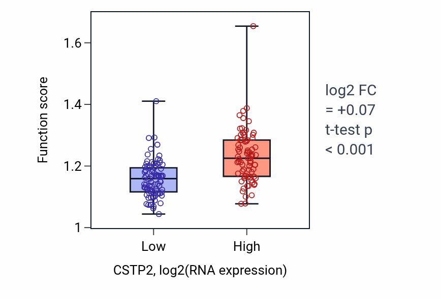 Box plot of Positive regulation of extracellular matrix organization in CSTP2-low vs CSTP2-high samples in ESCA.