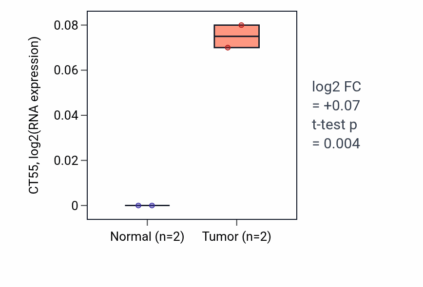 Tumor-vs-normal expression box plot for CT55 in LUAD.