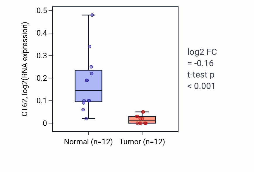 Tumor-vs-normal expression box plot for CT62 in KIRC.