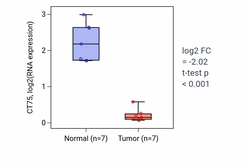 Tumor-vs-normal expression box plot for CT75 in THCA.