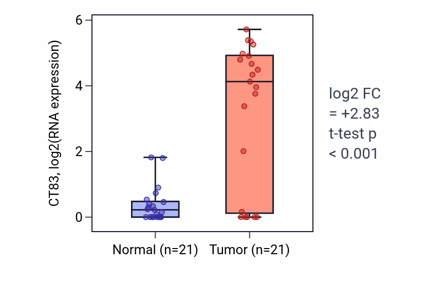 Tumor-vs-normal expression box plot for CT83 in STAD.