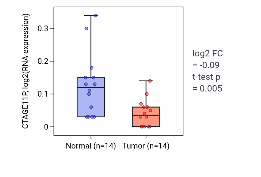 Tumor-vs-normal expression box plot for CTAGE11P in THCA.