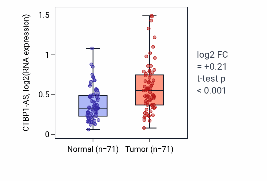 Tumor-vs-normal expression box plot for CTBP1-AS in KIRC.