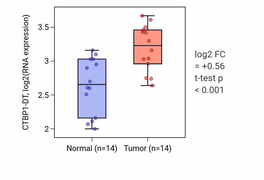 Tumor-vs-normal expression box plot for CTBP1-DT in KIRC.