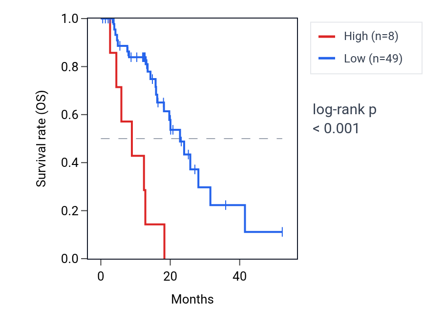 Kaplan&ndash;Meier survival curve for CTBP2P10 RNA expression in ESCA: high vs low expression groups.