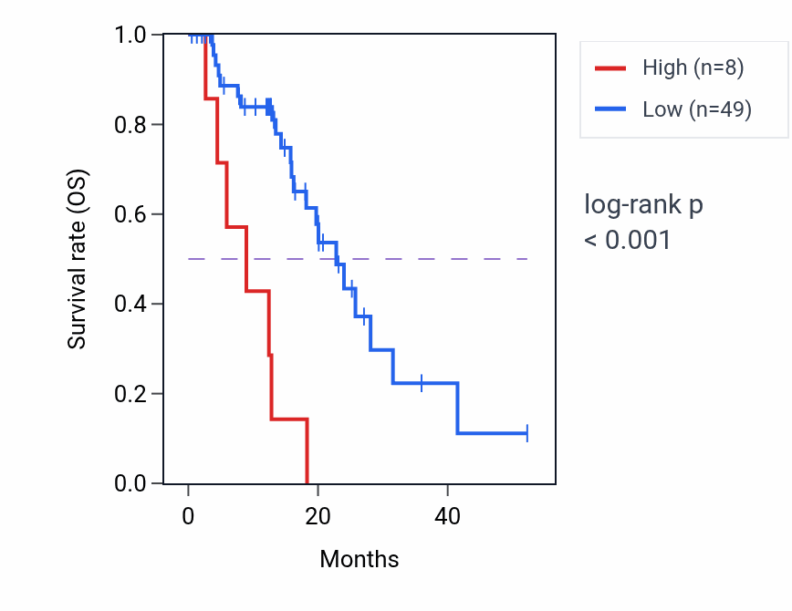 Kaplan&ndash;Meier survival curve for CTBP2P10 RNA-high vs -low samples in ESCA.