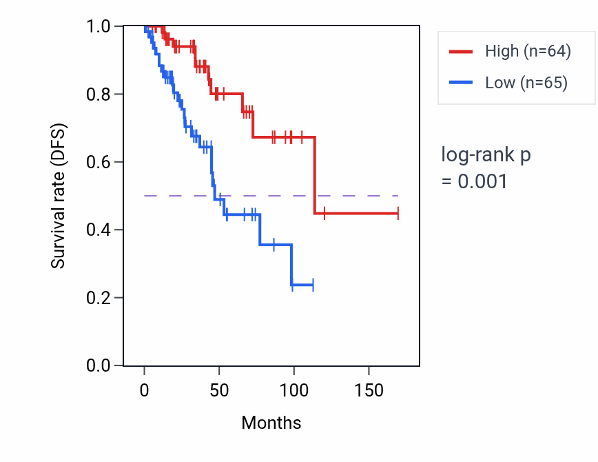 Kaplan&ndash;Meier survival curve for CTBP2P8 RNA expression in BRCA: high vs low expression groups.