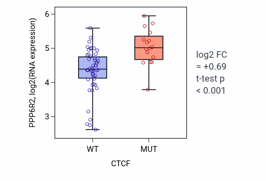 Box plot of PPP6R2 in CTCF-low vs CTCF-high samples in LARGE_INTESTINE.