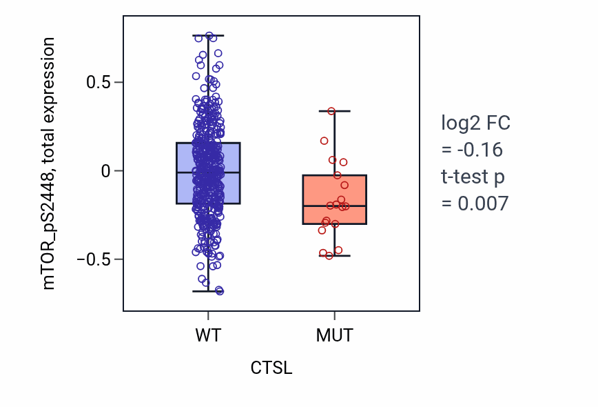 Box plot of mTOR_pS2448 in CTSL-low vs CTSL-high samples in UCEC.