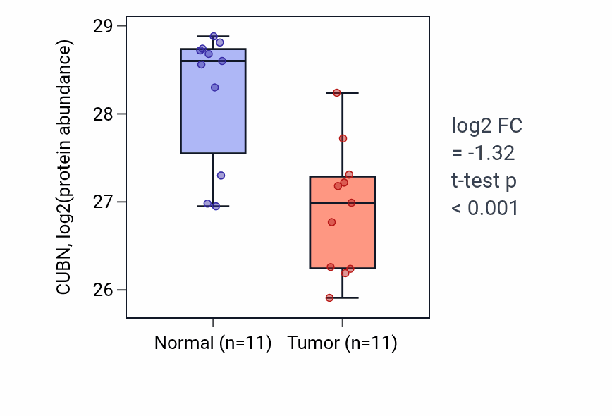 Tumor-vs-normal mass-spec protein box plot for CUBN in CCRCC.