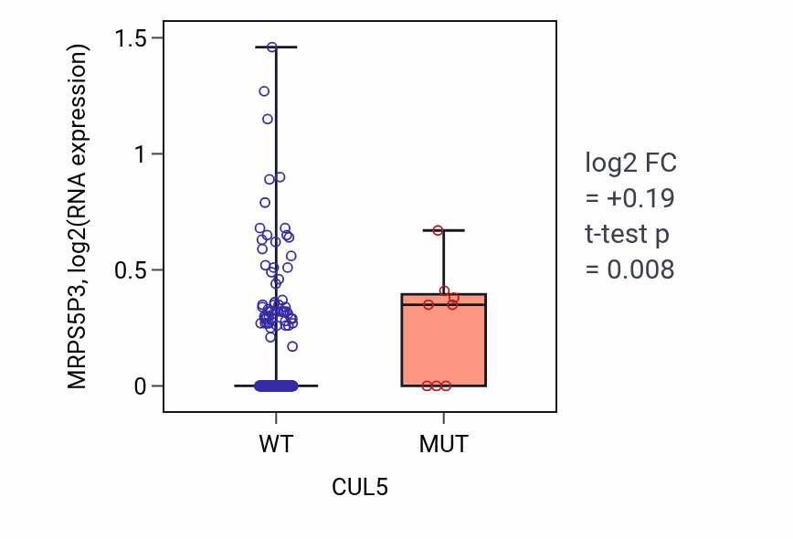 Box plot of MRPS5P3 in CUL5-low vs CUL5-high samples in STAD.