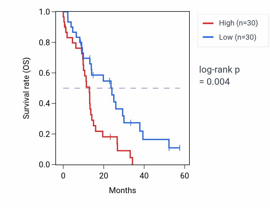 Kaplan&ndash;Meier survival curve for CUZD1 mass-spec protein-high vs -low samples in PDAC.