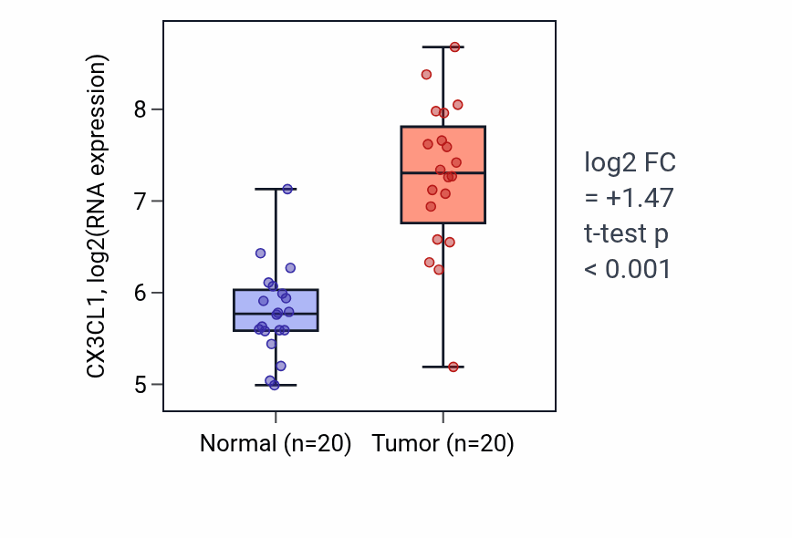 Tumor-vs-normal expression box plot for CX3CL1 RNA in KIRC.