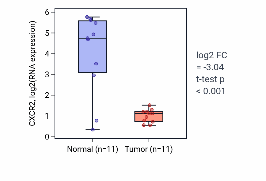 Tumor-vs-normal expression box plot for CXCR2 RNA in HNSC.