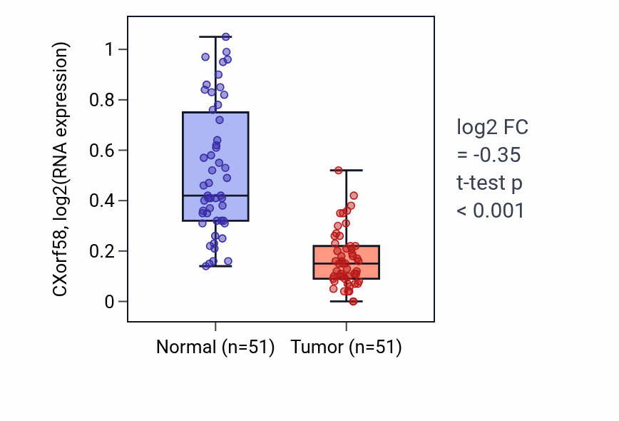Tumor-vs-normal expression box plot for CXorf58 in KIRC.