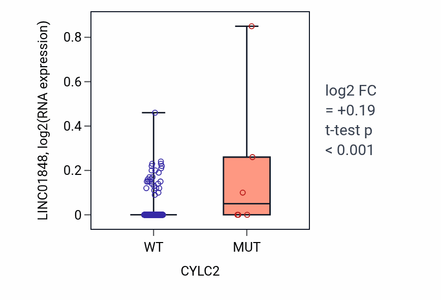Box plot of LINC01848 in CYLC2-low vs CYLC2-high samples in HNSC.