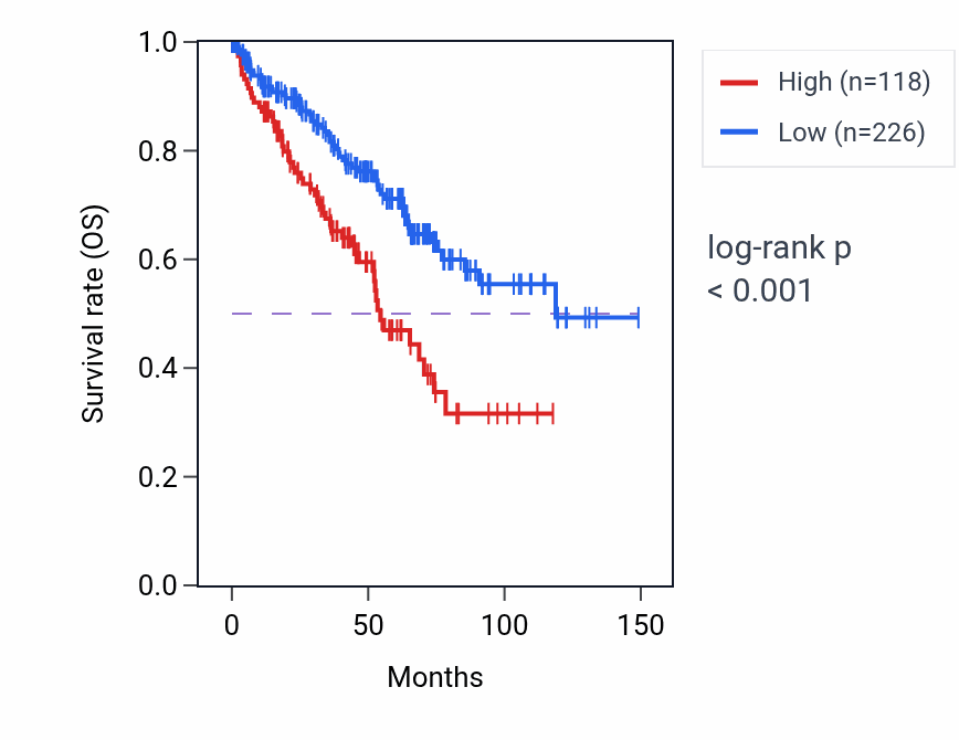 Kaplan&ndash;Meier survival curve for CYP1A2 RNA expression in KIRC: high vs low expression groups.