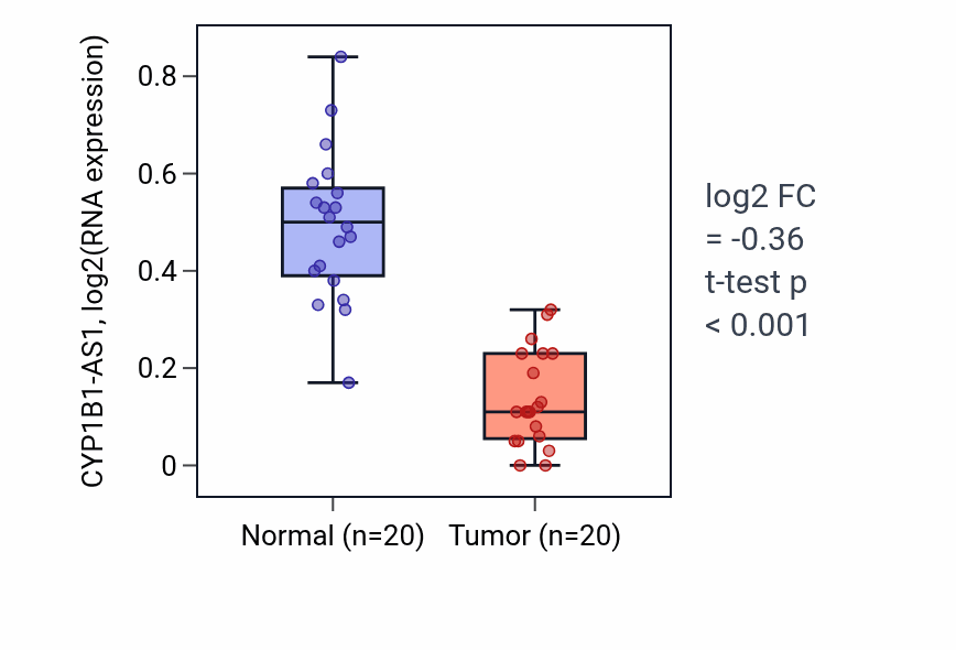 Tumor-vs-normal expression box plot for CYP1B1-AS1 in COAD.