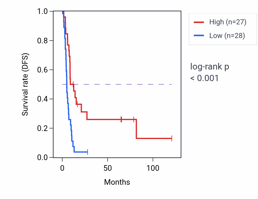 Kaplan&ndash;Meier survival curve for CYP2A6 RNA expression in LIHC: high vs low expression groups.