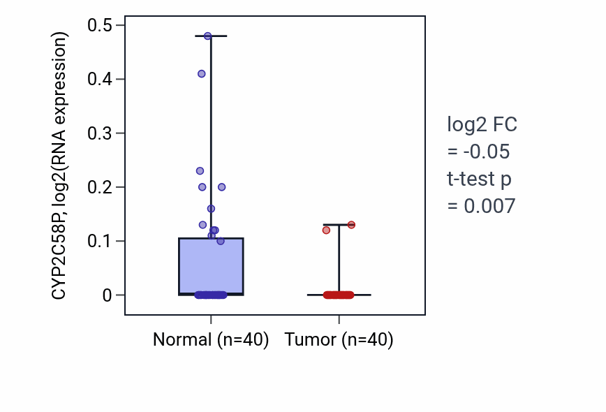 Tumor-vs-normal expression box plot for CYP2C58P RNA in HNSC.