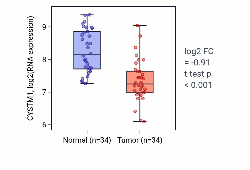 Tumor-vs-normal expression box plot for CYSTM1 RNA in KIRC.