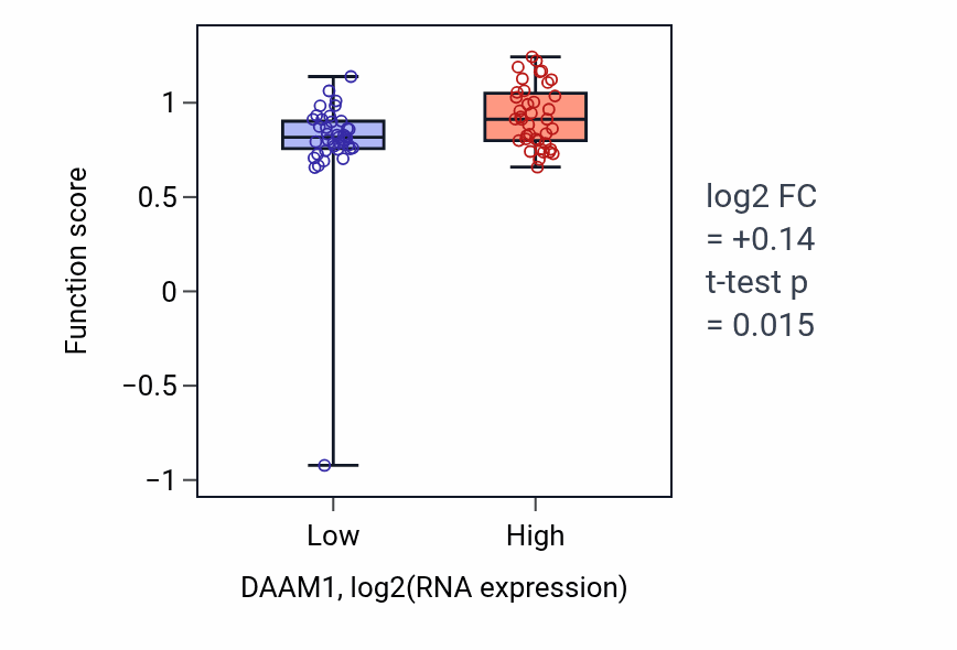 Box plot of Presynaptic cytoskeleton organization in DAAM1-low vs DAAM1-high samples in BLOOD_Lymphoma.