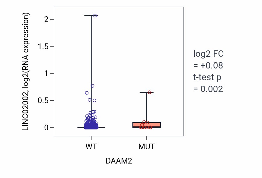 Box plot of LINC02002 in DAAM2-low vs DAAM2-high samples in BRCA.