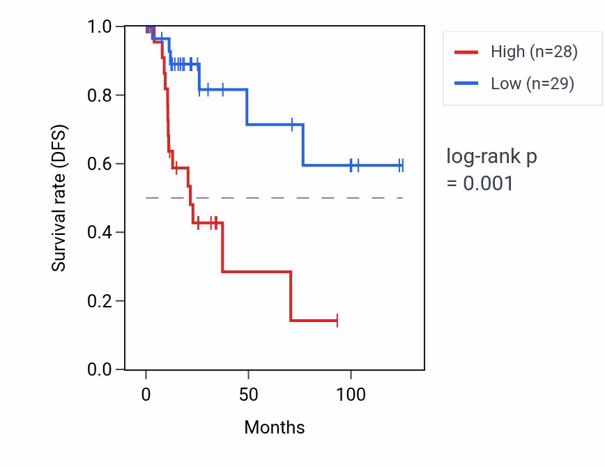 Kaplan&ndash;Meier survival curve for DAAM2 RNA expression in KIRP: high vs low expression groups.