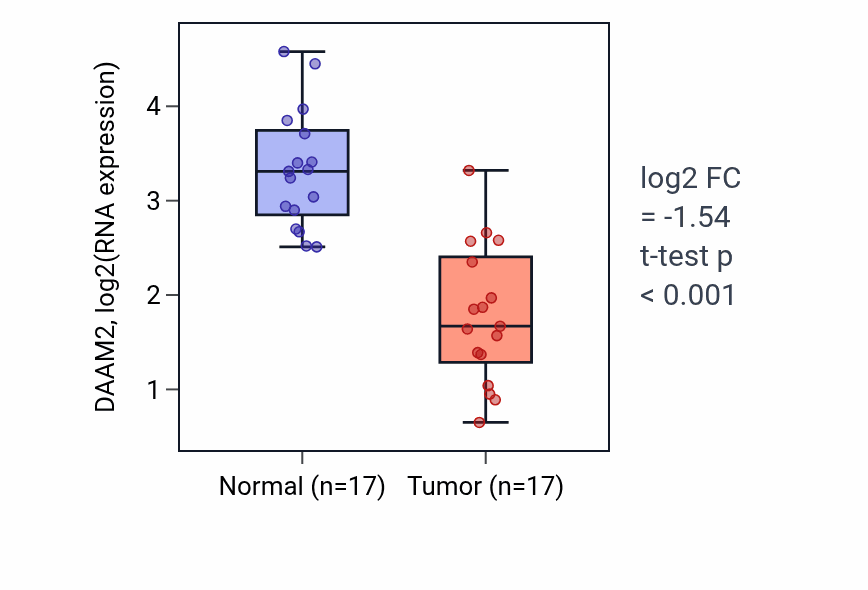 Tumor-vs-normal expression box plot for DAAM2 in COAD.