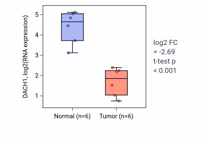 Tumor-vs-normal expression box plot for DACH1 in KIRC.