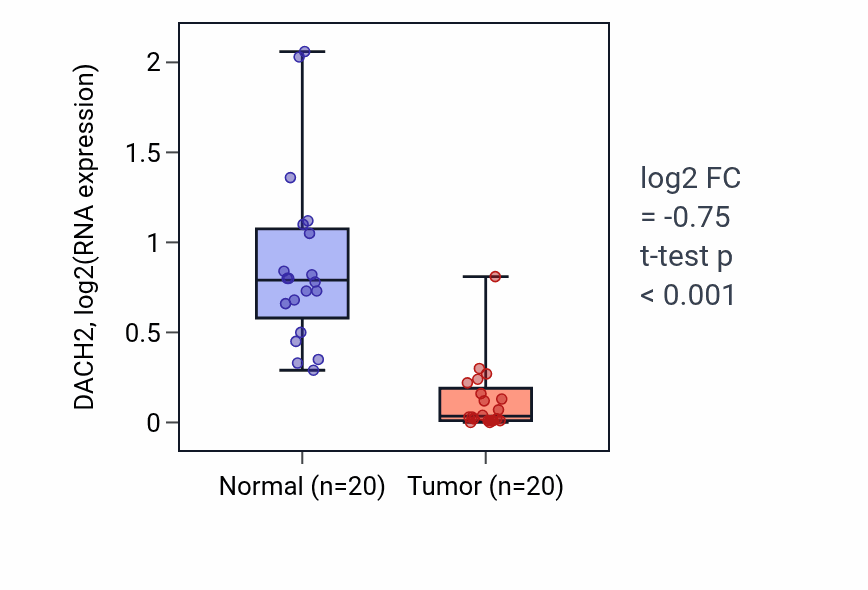 Tumor-vs-normal expression box plot for DACH2 in KIRC.