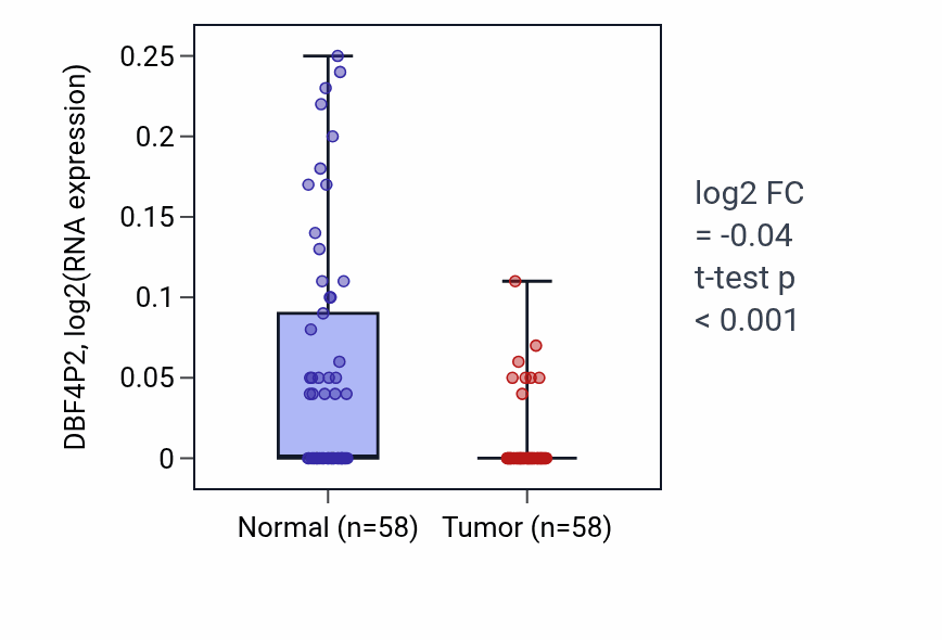 Tumor-vs-normal expression box plot for DBF4P2 in THCA.