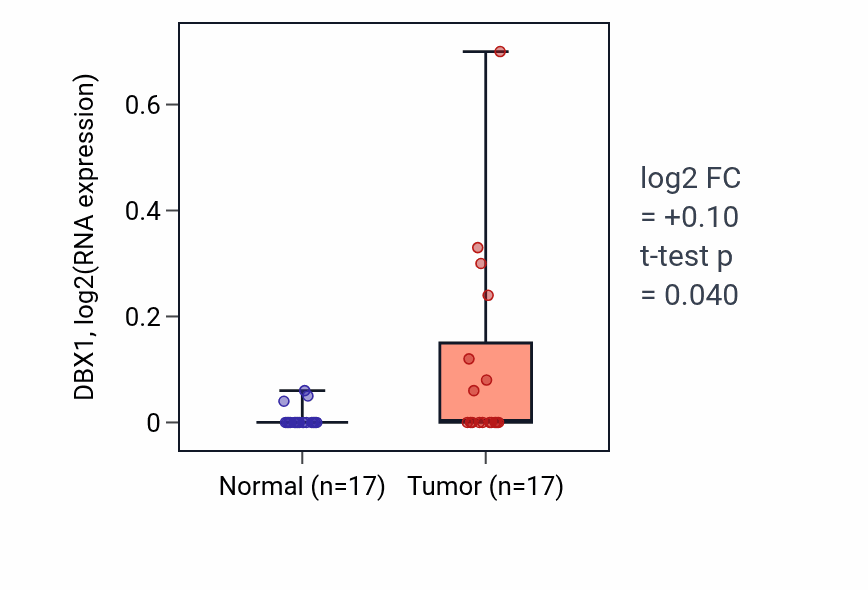 Tumor-vs-normal expression box plot for DBX1 RNA in HNSC.