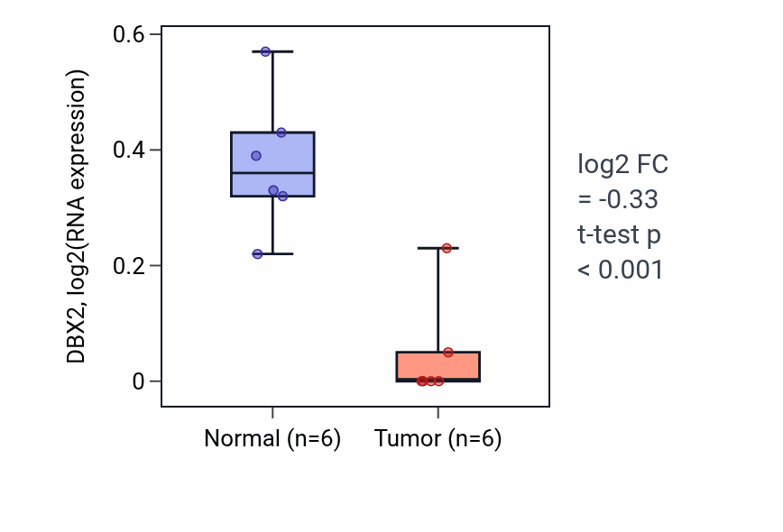 Tumor-vs-normal expression box plot for DBX2 in KIRC.