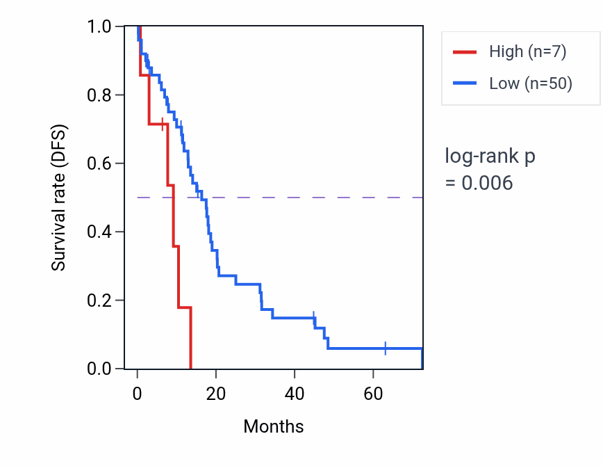 Kaplan&ndash;Meier survival curve for DCAF13P2 RNA expression in OV: high vs low expression groups.