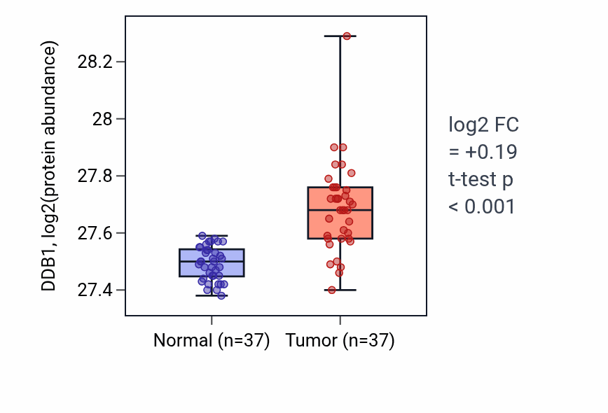 Tumor-vs-normal mass-spec protein box plot for DDB1 in LUAD.