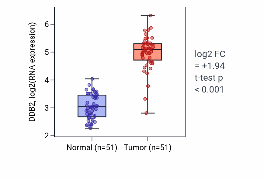 Tumor-vs-normal expression box plot for DDB2 in KIRC.
