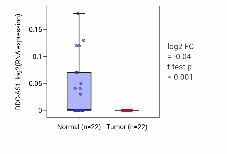 Tumor-vs-normal expression box plot for DDC-AS1 in KICH.