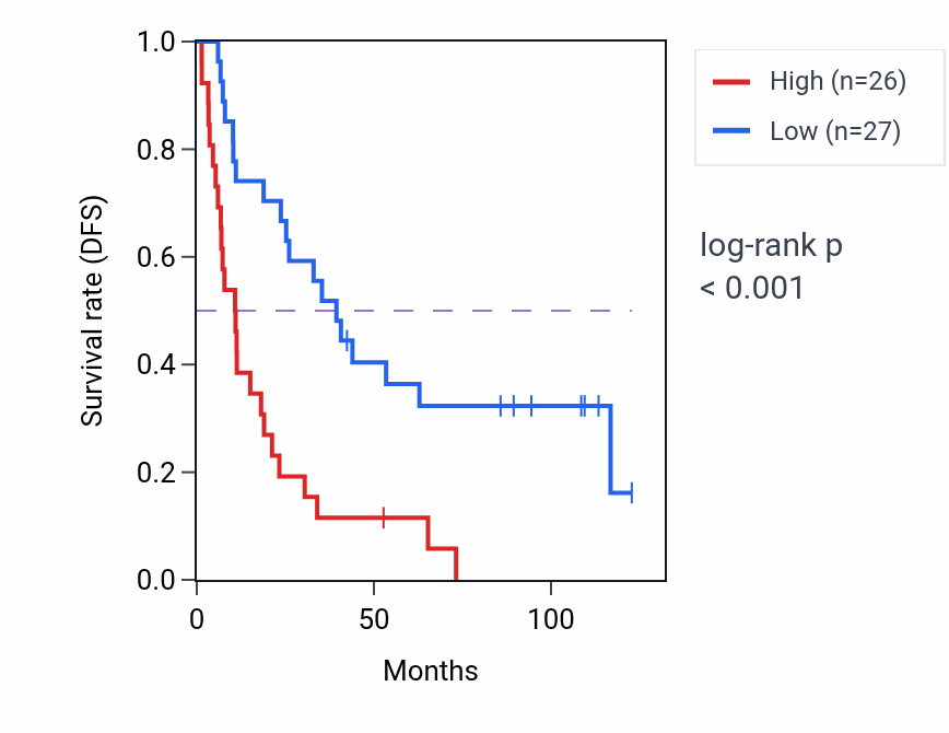 Kaplan&ndash;Meier survival curve for DDN-AS1 RNA expression in KIRC: high vs low expression groups.