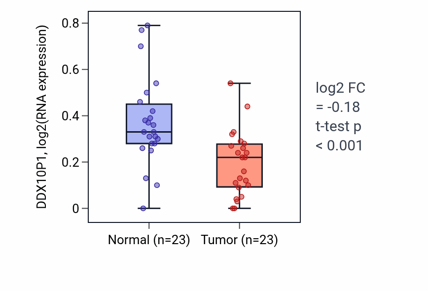 Tumor-vs-normal expression box plot for DDX10P1 in THCA.